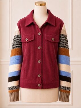 NEW Umgee Corduroy Jacket with Multicolor Knit Sleeves Sz S